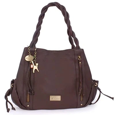 Image of Catwalk Collection Handbags Women&#039;s Large Leather Hobo Shoulder Bag Tote With Zip Handbag Multiple Compartments CAZ Dark Brown