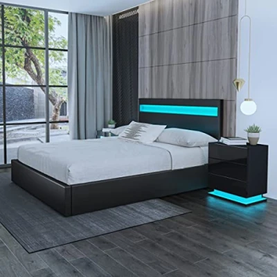 Image of Chebinsiti Ottoman Bed, Double Size Upholstered Bed Frame 4ft6 Storage Gas Lift with LED Lights Faux Leather Bedroom Furniture Black