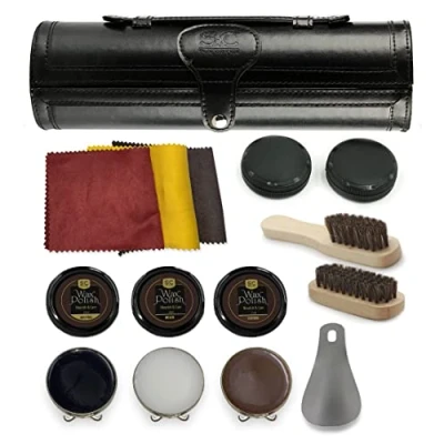 Image of Stone &amp; Clark 12PC Shoe Polish Care Kit, Leather Shine Kit with Brown Wax, Brushes for Polishing (Case: Classic Black)