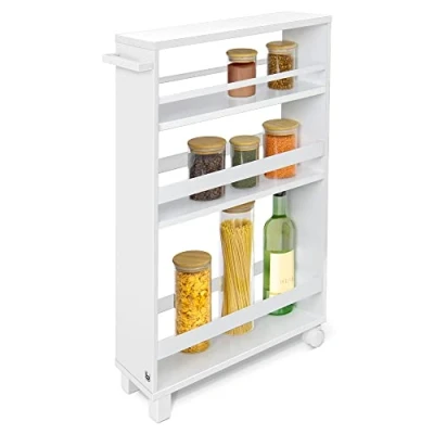 Image of bomoe Hylla Storage Cart 50x79x15 cm Kitchen Trolley with 2 Wheels &amp; Feet Utility 3 Shelves FSC® Worktop Narrow Under Desk for Kitchen, Bathroom, Office White