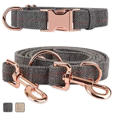 Image of Rose Gold Dog Collar and Lead(2m) Set Exceptionally Elegant &amp; Adjustable 3 Lengths Leash Soft Easy to Clean(Grey;S(11&quot; 15.7&quot;))