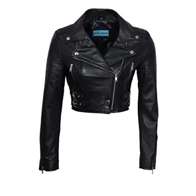 Image of Infinity Women’s Chic Black Cropped Leather Biker Jacket 18