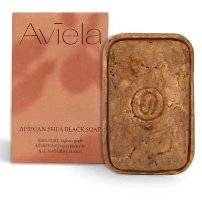 Image of Aviela African Black Soap Bar, Contains Shea Butter, Clears &amp; Exfoliates Skin, Vegan Cruelty Free, 100% Natural Unrefined Butter Face Body Soap, 120g
