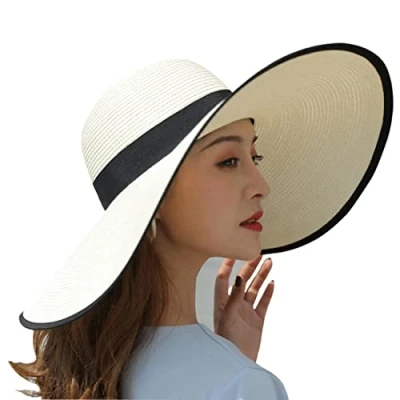 Image of BABAHU Women Foldable Floppy Wide Brim Straw Sun Hat Summer Beach UV UPF 50+