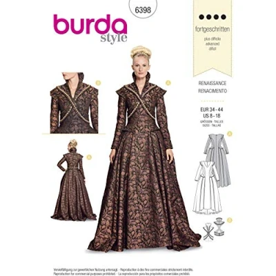 Image of Burda Patron 6398 Renaissance Dress, Sizes 36 46