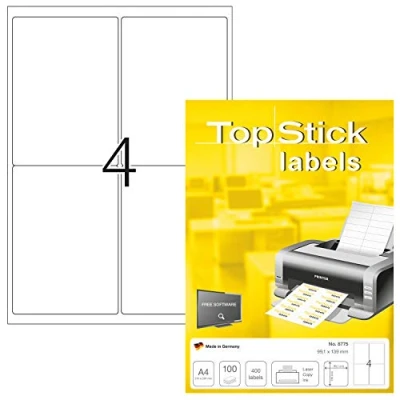 Image of TopStick Self Adhesive Multipurpose Labels, 4 Labels per A4 Sheet, 100 Sheets, 99.1 x 139 mm, 400 Blank Universal Stickers, Sticky for Laser &amp; Inkjet Printer, White