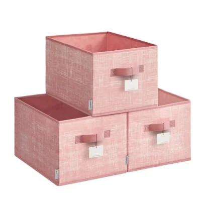 Image of SONGMICES Collapsible Storage Boxes, Set of 3 Fabric Baskets, 40 x 30 24 cm, Wardrobe Organisers, 2 Handles, Label Holders, for Bedroom, Living Room, Jelly Pink ROB440R01