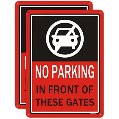 Image of 2 pack No Parking In Front Of These Gates Signs 10 x 7 Inches Metal Reflective Sturdy Rust Aluminum Weather Resistant Waterproof Durable Ink Easy to Install