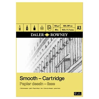 Image of Daler Rowney Smooth 130gsm A3 Cartridge Drawing Paper Pad, Glued 1 Side, 30 Natural White Sheets, Ideal for Professional Artists &amp; Students
