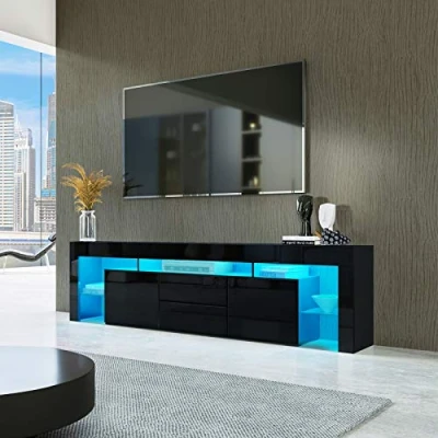 Image of Senvoziii 200cm Modern High Gloss TV Stand Cabinet Unit with 2 Doors Drawers LED Light for Living Room Bedroom Ample Storage Furniture Black