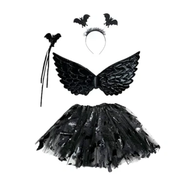 Image of Zac&#039;s Alter Ego Halloween Girl&#039;s Bat Fancy Dress Set Wand, Wings, Tutu &amp; Head Bopper Kids Costume for Up Party Cosplay