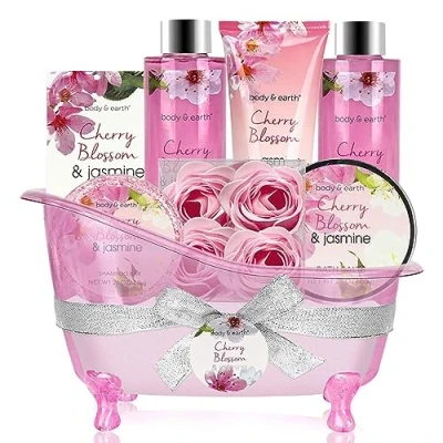 Image of BODY &amp; EARTH Gifts for Women, 8pcs Pamper Women with Cherry Blossom&amp;Jasmine, Includes Bubble Bath, Soap, Birthday Mothers Day Gifts, Spa Bath Gift Sets