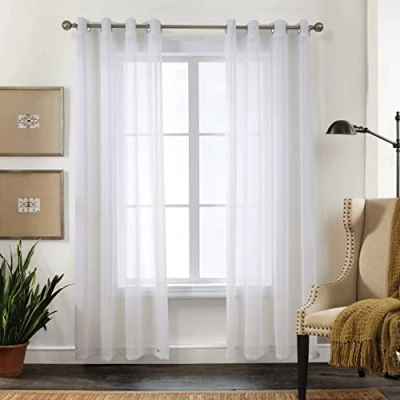 Image of CUCRAF White Voile Curtains For Living Room, Semi Transparent Eyelet Sheer Curtains, Linen Look bedroom, 55x90 Inch Drop,2 Panels, Off