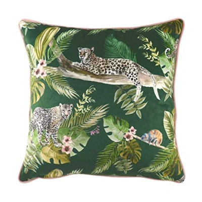 Image of Evans Lichfield Jungle Leopard Piped Velvet Feather Filled Cushion Green One Size