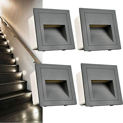Image of Arotelicht 4pcs/3W Wall Recessed Stair Lights LED,Outdoor IP65 Step Light,Square Cool White Light,Grey Cover Garden Lighting,Deck Balcony,for Stairs, corridors, Steps,