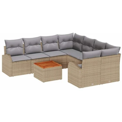 Image of vidaXL 9 Piece Garden Sofa Set with Cushions Beige Poly Rattan Acacia
