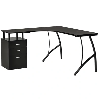 Image of HOMCOM L Shaped Computer Desk Table with Storage Drawer Home Office Corner Industrial Style Workstation for A4 Files 143.5 x 76cm, Black
