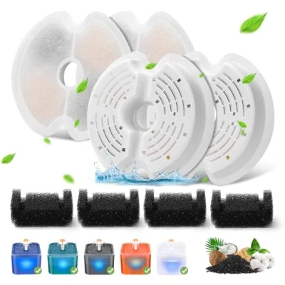 Image of 4 Packs Cat Water Fountain Filters for Ultra Silent 67oz/2L with LED Night Light, Triple Filtration System Activated Carbon Filter Pre Sponges Pet