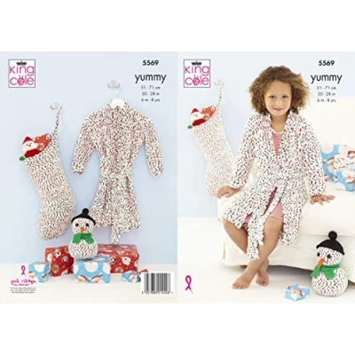 Image of King Cole 5569 Knitting Pattern Childrens Dressing Gown Snowman and Stocking in Yummy