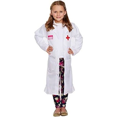 Image of HENBRANDT Children’s White Doctor Coat with Pink Detail Fancy Dress Costume Stuffed Toy Vet Nurse Surgeon Pretend Play Size Large Ages 10 12 for Girls
