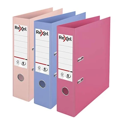 Image of Rexel Pastel Plastic A4 Lever Arch Files, 3 Pack (Pink, Blue, Peach), Patented No.1 Power Mechanism, FSC Certified, Replaceable Spine Labels, Ring Binder, Archiving &amp; Home Office File Organizer