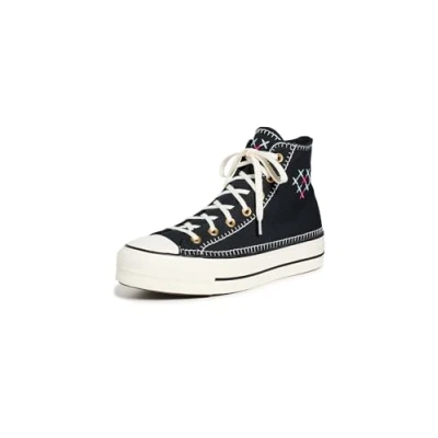 Image of Converse Chuck Taylor ALL STAR LIFT Crafted Stitching Platform Hightop trainers, Women&#039;s, Size: 5.5, Black/egret/gold Textile