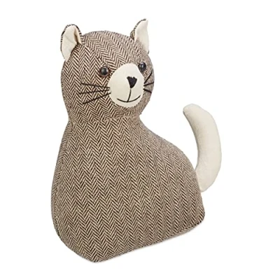 Image of Relaxdays Door Stop Cat, Heavy Fabric Stop, Sand Filling, Damper Base, H x W D: 25.5 22 10 cm, Brown
