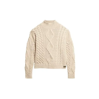 Image of Superdry Women&#039;s Aran Cable Knit Polo Jumper Sweater, Ecru, UK 8