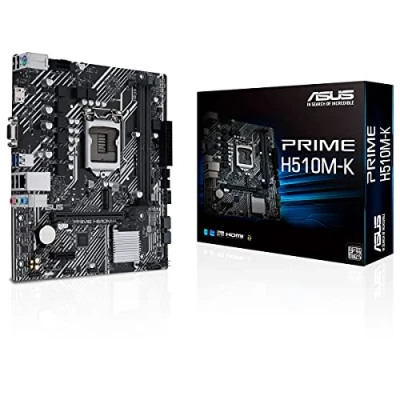 Image of ASUS PRIME H510M K, Intel H510 (LGA 1200) micro ATX motherboard with PCIe 4.0, 32Gbps M.2 slot, 1 Gb Ethernet, HDMI, D Sub, USB 3.2 Gen Type A, SATA 6 Gbps, COM header, and RGB header