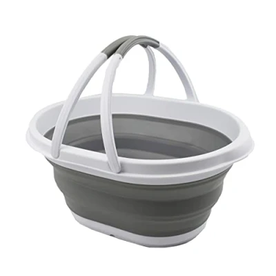 Image of SAMMART 11L Collapsible Tub with Handle Portable Outdoor Picnic Basket/Crater Foldable Shopping Bag Space Saving Storage Container (White/Grey, 1)