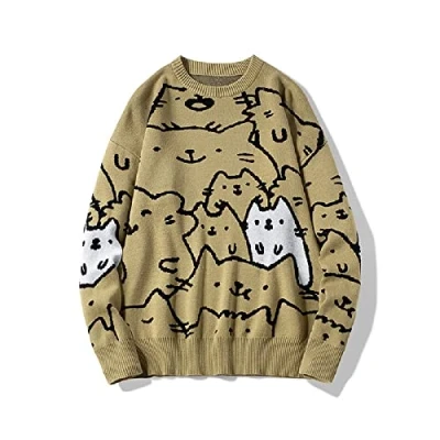 Image of Autumn Cotton Anime Sweaters Men Vintage Oversized Fashion Streetwear Cute Cat Cartoon Pullover Clothing, Apricot, XXL