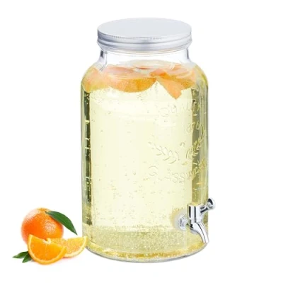 Image of Relaxdays Drinks Dispenser, 5 litres, Beverage Jar with Vintage Design, Tap and Lid, Water Container, Glass, Transparent