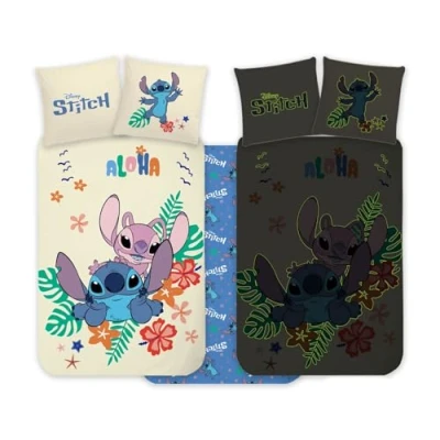 Image of Stitch &amp; Angel Cot Bedlinen Set 100x135 cm with Pillowcase 40x60 cm, 100% Cotton Glow In The Dark Style Baby Bedding Perfect for Kids Reversible Boys Girls