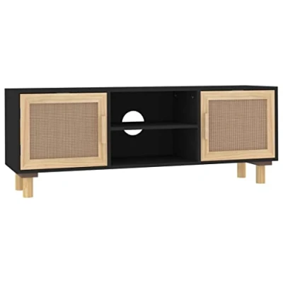 Image of vidaXL TV Cabinet Black Solid Wood Pine &amp; Natural Rattan Scandinavian Style Spacious Media Engineered For Living Room
