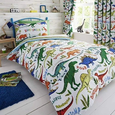 Image of Happy Linen Company Kids Boys Girls Dinosaur Park Jurassic T Rex Dino Green Reversible Double Bedding Duvet Cover Set