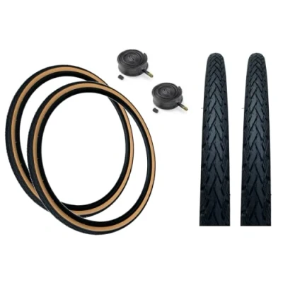 Image of Baldy&#039;s PAIR 700 x 35c Black with Tan Amber Wall Slick Road Tread Tyres &amp; Schrader Valve Inner Tubes For Hybrid Trekking Bikes (Pack of 2)