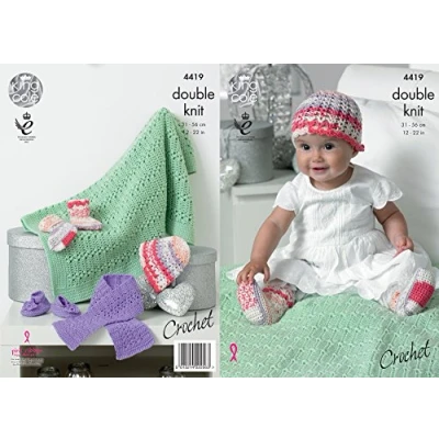 Image of King Cole 4419 Crochet Pattern Baby Hat, Scarf, Shoes, Socks and Blanket in Cherish DK