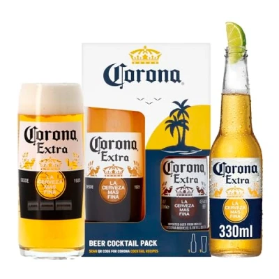 Image of Corona Beer Gift Set 330ml Bottle of Premium Extra and Branded Glass, Perfect Mens Christmas Gifts for Him, Lager Set, Men, Xmas Men