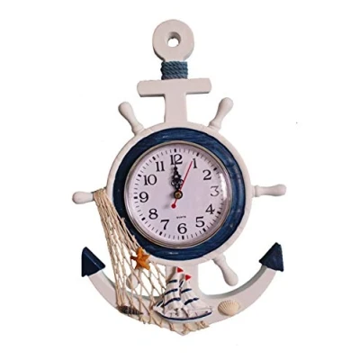 Image of YOAI Wooden Wall Clock Mediterranean Style Anchor Beach Sea Theme Nautical Ship Wheel Rudder Steering Decor Hanging Decoration (starfish)