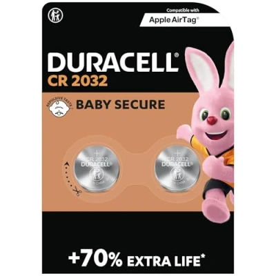 Image of Duracell CR2032 Lithium Coin Batteries 3V (2 Pack) Up to 70% Extra Life* Baby Secure Technology Recommended for Use in Apple AirTag Key Fobs, Home Devices, Fitness, Medical Accessories