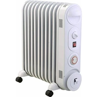 Image of MYLEK Oil Filled Radiator Electric Heater, 2.5KW Portable, Thermostat &amp; 24hr Repeat Timer, 3 Heat Settings (No Sharp Edge Fins, Safe Modern Design), White