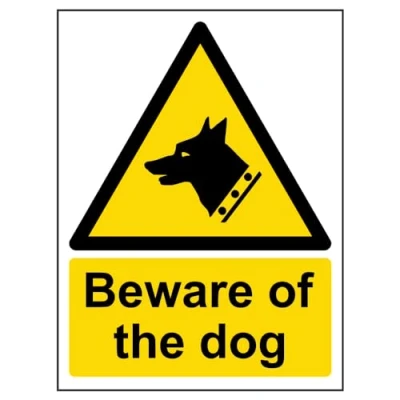 Image of V Safety 63006AN S Beware Of The Dog Sign Portrait 150mm x 200mm Self Adhesive Vinyl, Black/Yellow