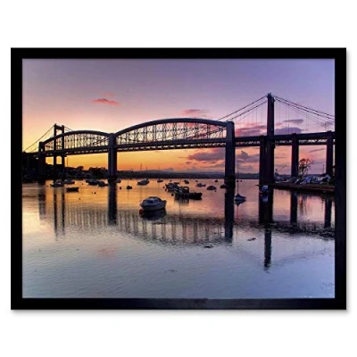 Image of Wee Blue Coo Photo Landscape River Bridge Royal Albert Tamar Plymouth Art Print Framed Poster Wall Decor 12X16 Inch