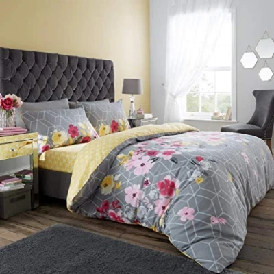 Image of Gaveno Cavailia Geometrical Blossom Duvet Cover Quilt Bed Set With Pillow Case, Reversible, Poly Cotton, Livia Grey, King Size Bedding