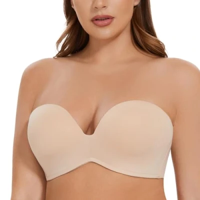Image of MELENECA Women&#039;s Wirefree Plus Size Anti Slip Padded Push Up Strapless Bra Beige 34DD