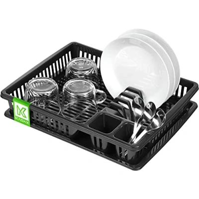 Image of KADAX Dish Drainer, Plastic Drying Rack with Drip Tray, Draining Cutlery Compartments for Kitchen Counter, Sink (Small, Anthracite)