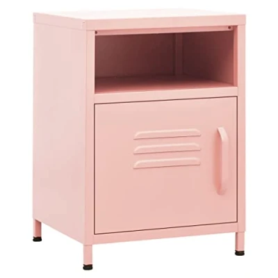 Image of vidaXL Pink Steel Nightstand Industrial Rectangular Bedside Table with Cabinet and Shelf for Bedroom Storage, 35x35x51cm