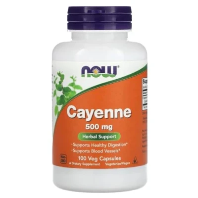 Image of Now Foods Cayenne 500mg Herbal Supplement for Digestive Health 100 Veg Capsules