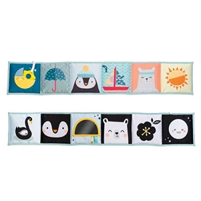 Image of Taf Toys North Pole Clip on Pram Book. Soft Double Sided Black &amp; White Baby Sensory Book with Safe Mirror Teether. Crinkling Fold Out Cloth For Newborn Boys Girls 0 months +