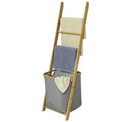 Image of SoBuy FRG263 N, Bathroom Storage Shelf Towel Holder with 3 Hanging Rails &amp; Removable Laundry Basket
